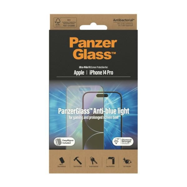 PanzerGlass Ultra-Wide Fit Antibacterial Tempered Glass with Blue Light Filter and Positioner for iPhone 14 Pro