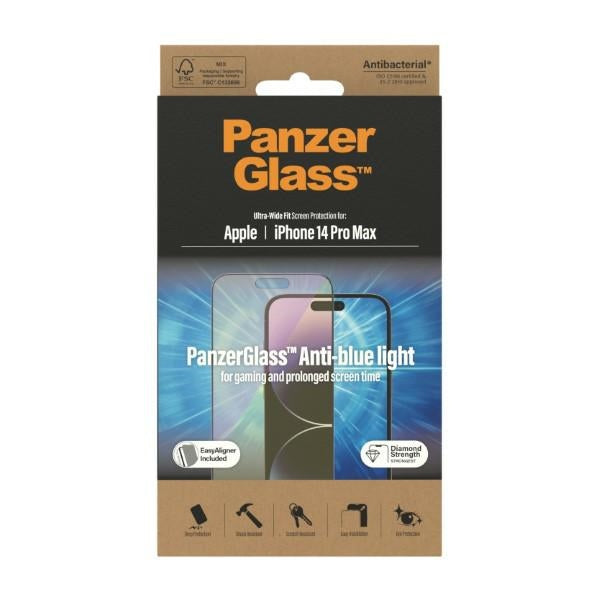 PanzerGlass Ultra-Wide Fit Antibacterial Tempered Glass with Blue Light Filter and Positioner for iPhone 14 Pro Max