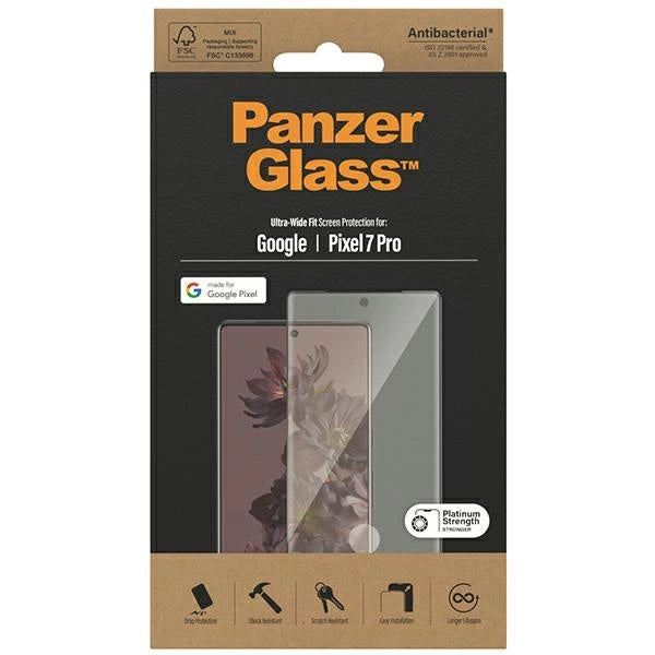 PanzerGlass Ultra-Wide Fit Antibacterial Tempered Glass for Google Pixel 7 Pro - with Black Frame