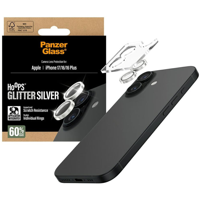 PanzerGlass Hoops Glitter Tempered Glass Lens Screen Protector for iPhone 17 / 16 / 16 Plus - Silver