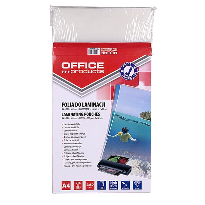 OFFICE PRODUCTS Laminating film, A4, 2x80 microns, glossy, 100 sheets, transparent