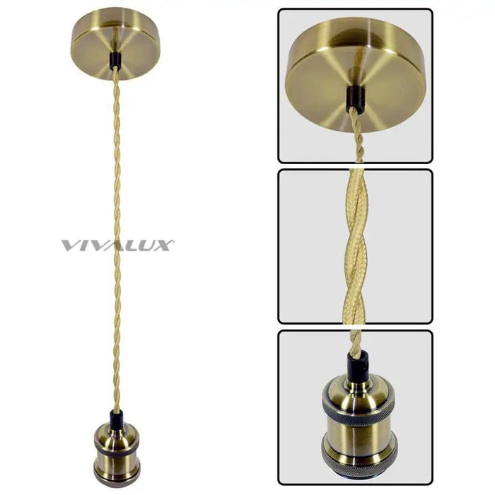 PENDANT E27 RETRO ANTIQUE GOLD WITH BEIGE TWISTED CABLE VIVALUX - Пендели<<<Вътрешно