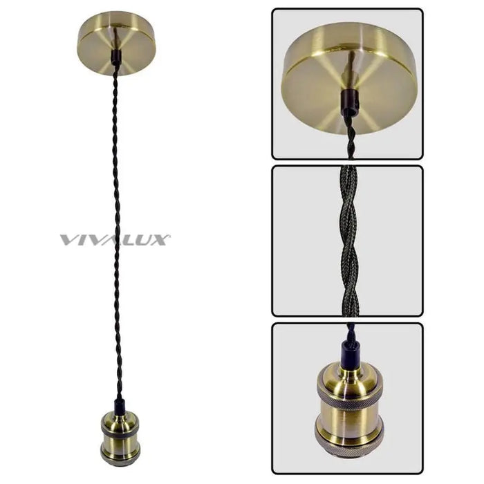 PENDANT E27 RETRO ANTIQUE GOLD WITH BLACK TWISTED CABLE VIVALUX - Пендели<<<Вътрешно