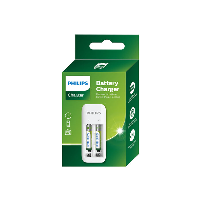 PHILIPS 2-slots basic charger with 2 x 700mAh AAA RTU batteries Recharges 1 or 2 pcs of AA/AAA NiMH rechargeable battery