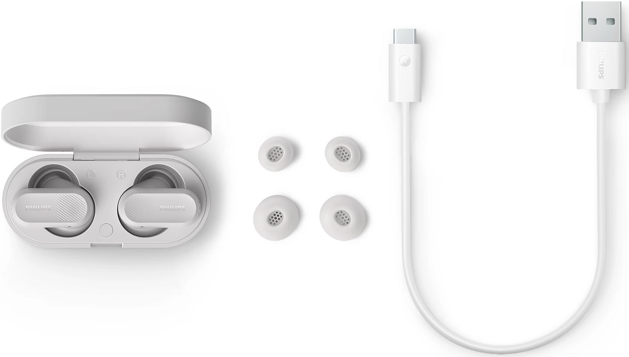 PHILIPS True Wireless Earbuds IPX4 Make calls using a single earbud Up to 24 hours play time white
