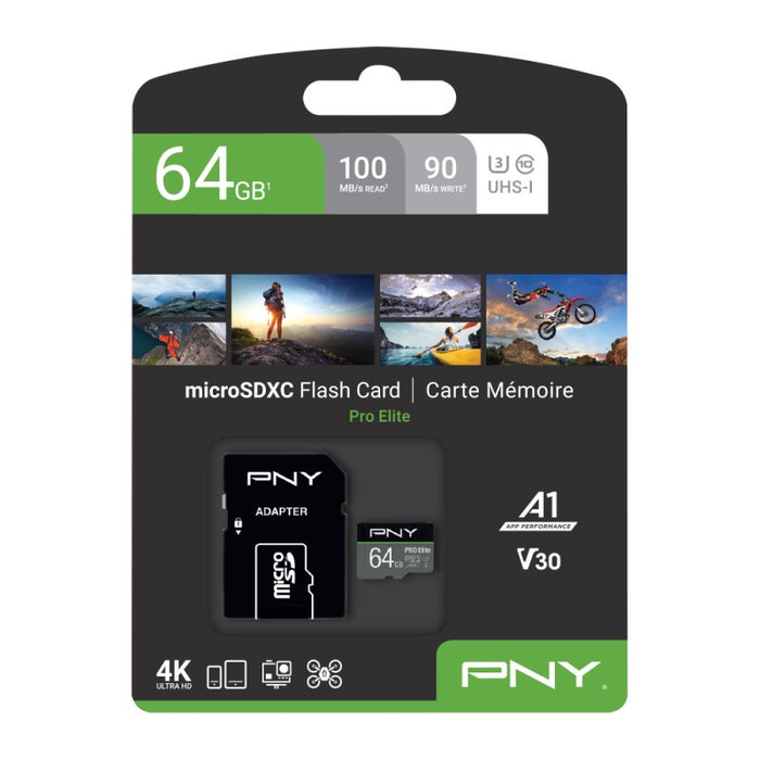 Micro SD Memory Card with Adaptor PNY P-SDU64GV31100PRO-GE Pro Elite C10 64 GB