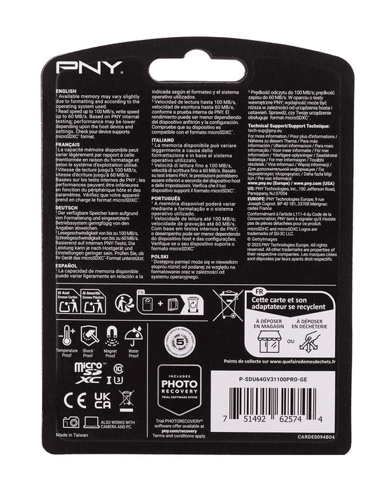Micro SD Memory Card with Adaptor PNY P-SDU64GV31100PRO-GE Pro Elite C10 64 GB
