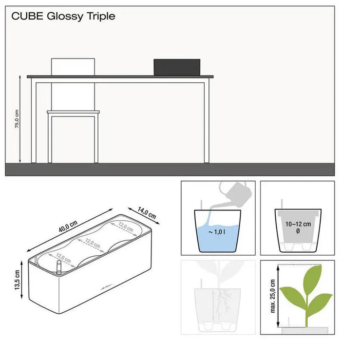 POT 40X14CM WITH IRRIGATION SYSTEM LECHUZA CUBE GLOSSY TRIPLE - Саксии<<<Саксии кашпи и