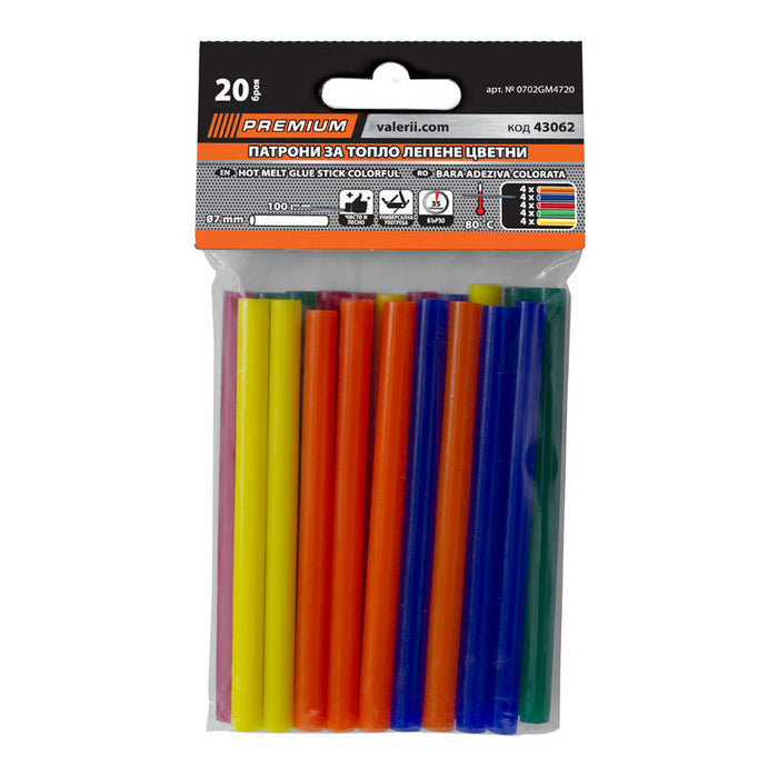 HOT GLUING CARTRIDGES 20 PCS COLORED Ф7X100 MM PREMIUM