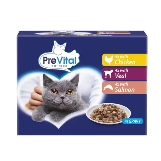 PREVITAL Cat Food Mix of Flavors Chicken Veal Salmon in Gravy - Wet Cat Food - 12 x 100g - Wet foodDLK-KAM<<<For