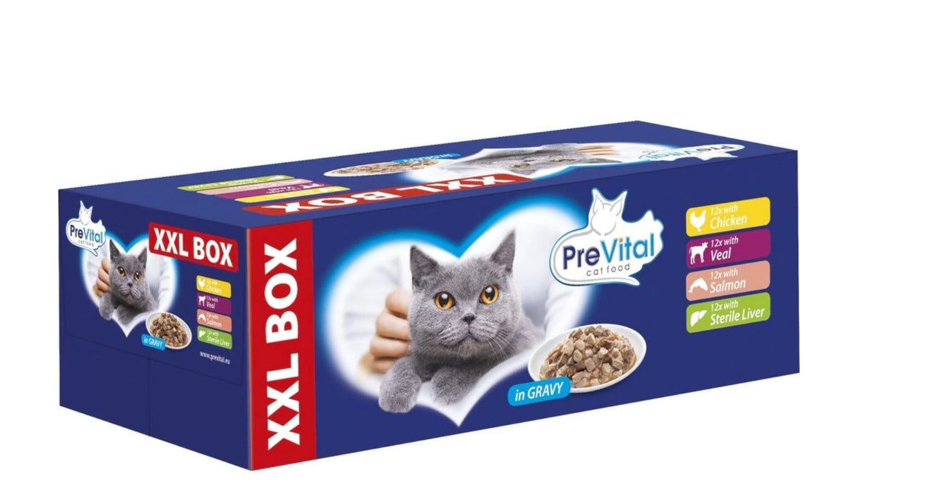 PREVITAL XXL BOX Flavor Mix with Chicken, Veal, Salmon, and Liver in Gravy - Wet Cat Food - 48 x 100g