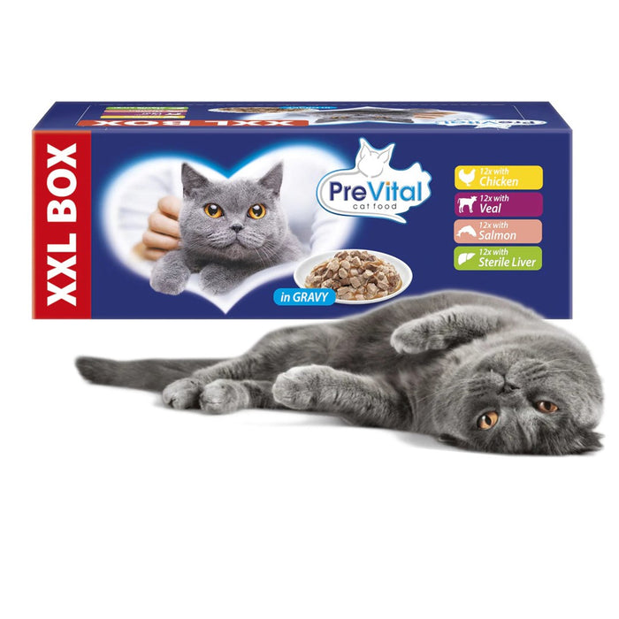 PREVITAL XXL BOX Flavor Mix with Chicken, Veal, Salmon, and Liver in Gravy - Wet Cat Food - 48 x 100g