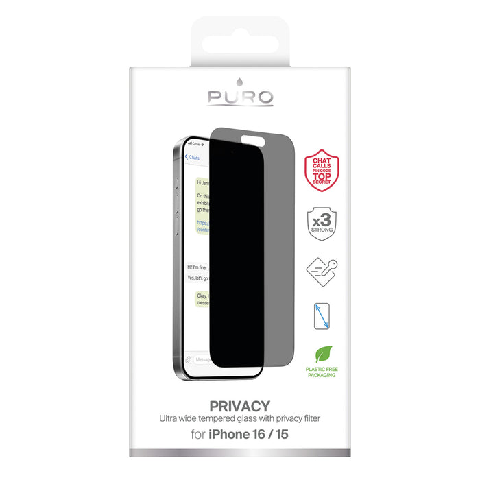 Puro Privacy Tempered Glass for iPhone 16 / iPhone 15
