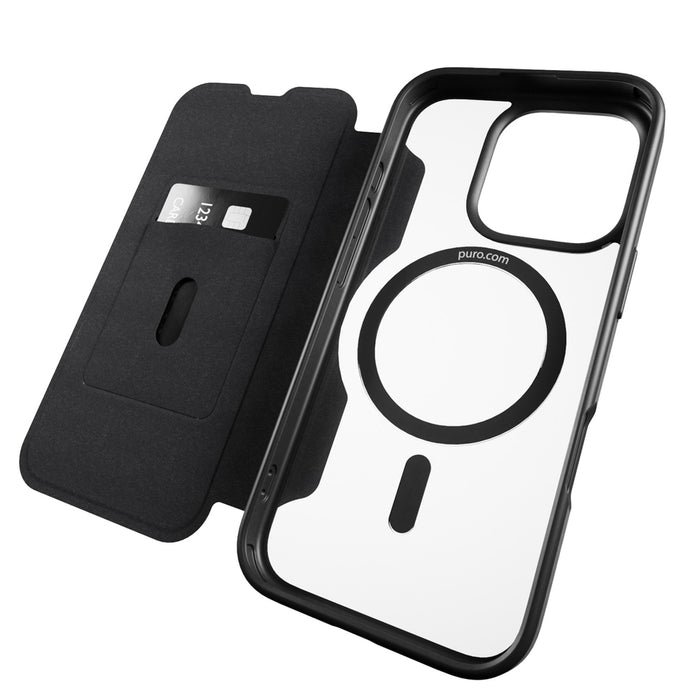 Puro Book Mag MagSafe Leather Case with Flap and Card Slot for iPhone 16 Pro Max - Black