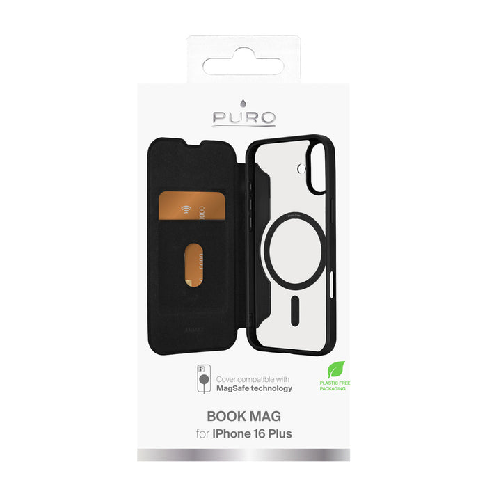 Puro Book Mag MagSafe Leather Case with Flap and Card Slot for iPhone 16 Plus - Black