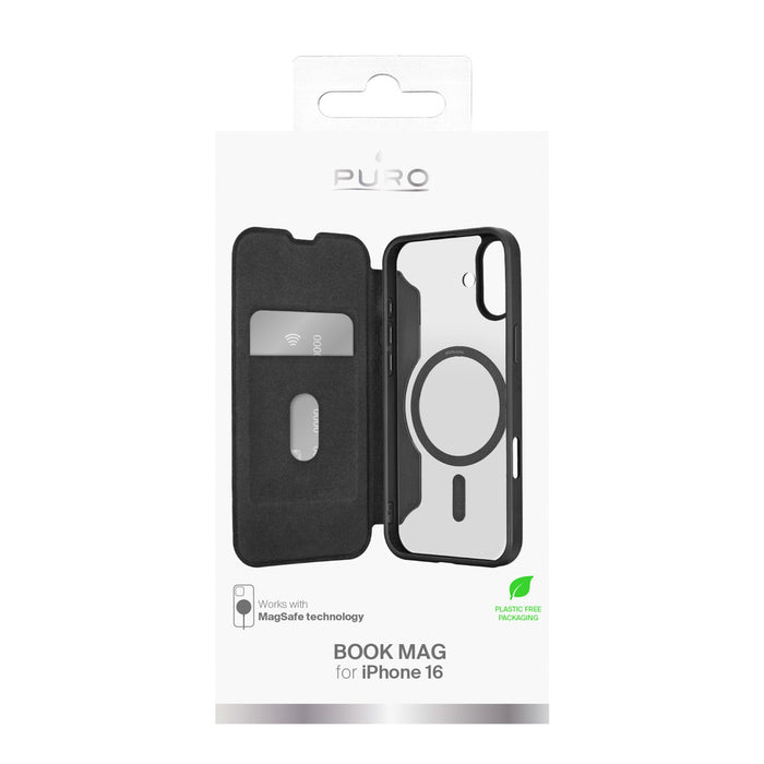 Puro Book Mag MagSafe Leather Case with Flap and Card Slot for iPhone 16 - Black