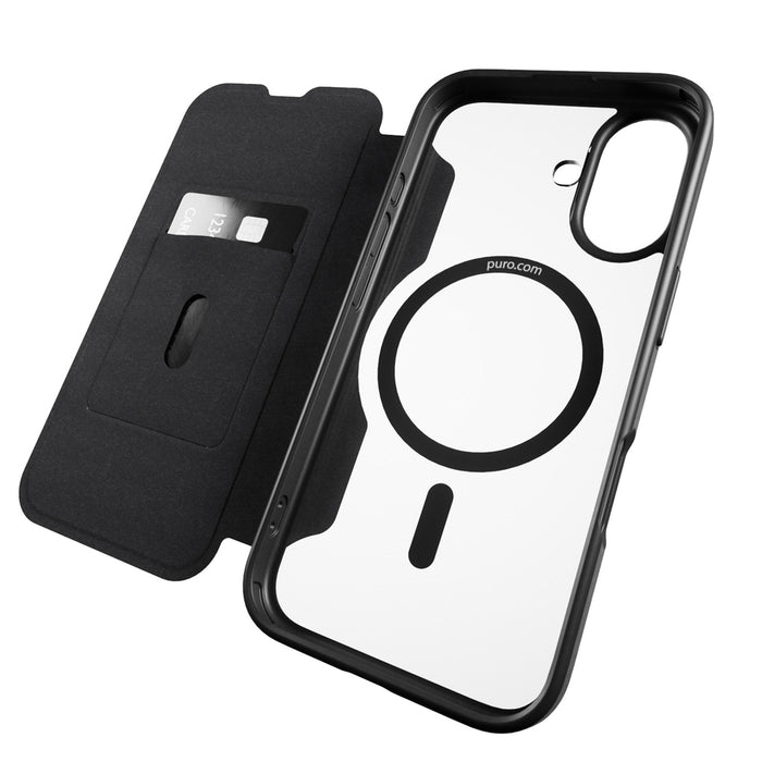 Puro Book Mag MagSafe Leather Case with Flap and Card Slot for iPhone 16 - Black
