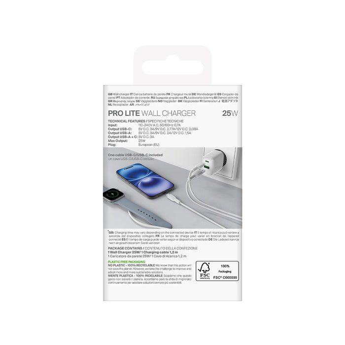 Puro PROLITE 25W USB-A / USB-C wall charger + USB-C - USB-C cable 1.2m - white