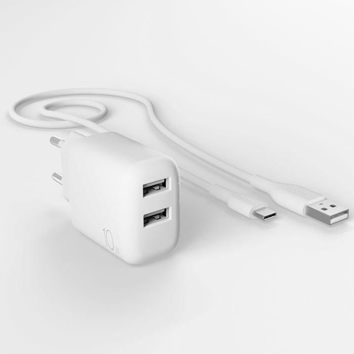 Puro PROLITE 10W 2x USB-A wall charger + USB-A - USB-C cable 1.2m - white