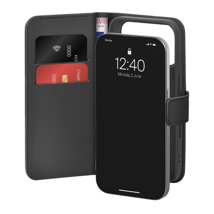 Puro Wallet Stand Case for iPhone 17 Pro Max Made of Eco-Leather, with a Flap, Wallet, and Stand Function - Black