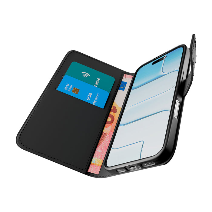 Puro Wallet Stand Case for iPhone 17 Pro Made of Eco-Leather, with a Flap, Wallet, and Stand Function - Black