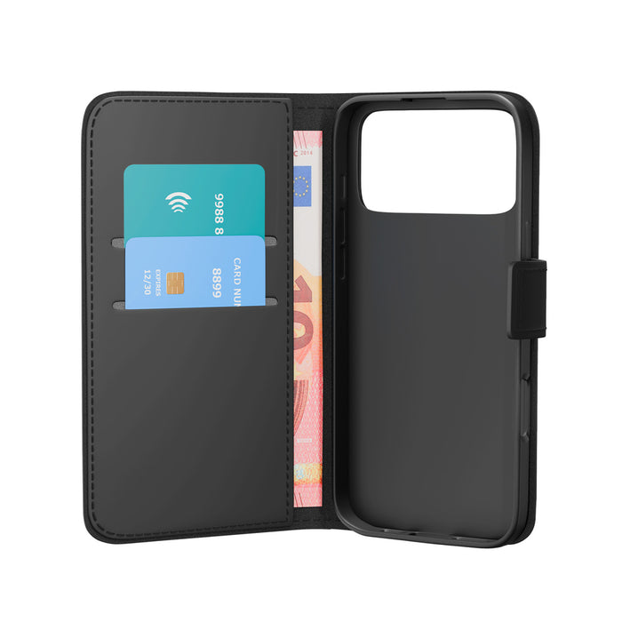 Puro Wallet Stand Case for iPhone 17 Pro Made of Eco-Leather, with a Flap, Wallet, and Stand Function - Black