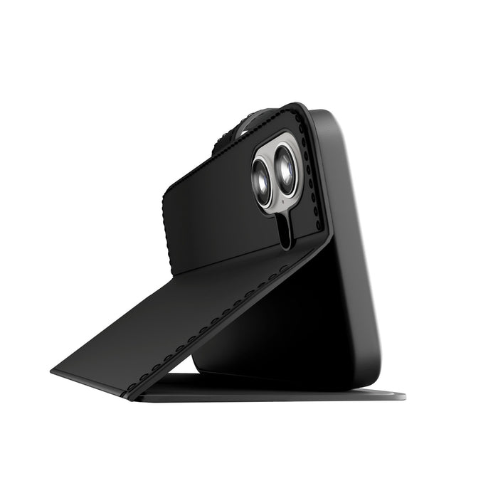 Puro Wallet Stand case for iPhone 17 made of eco-leather, with a flap, wallet and stand function - black