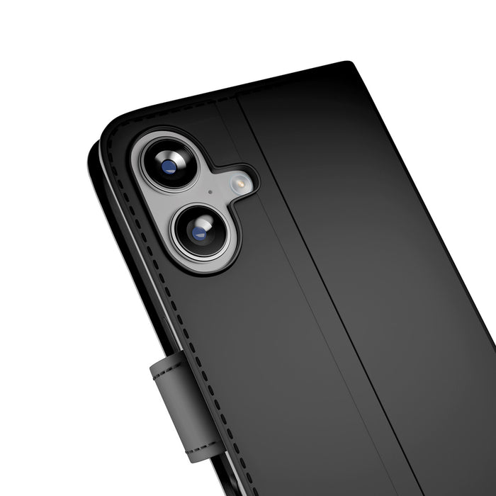 Puro Wallet Stand case for iPhone 17 made of eco-leather, with a flap, wallet and stand function - black