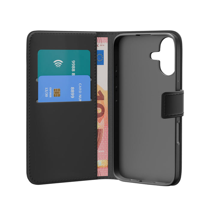 Puro Wallet Stand case for iPhone 17 made of eco-leather, with a flap, wallet and stand function - black
