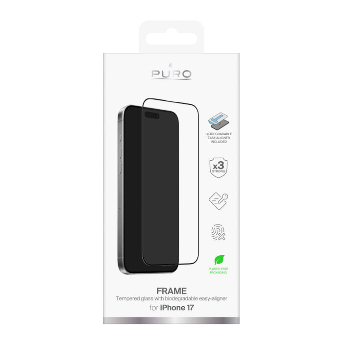 Puro Frame tempered glass for iPhone 17 with applicator and black frame