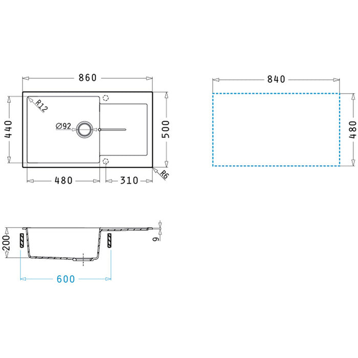 GRANITE KITCHEN SINK PYRAMIS ITHAKA 86X50 CM 1B1D VOLCANO