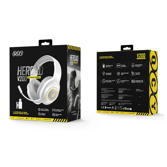 QCY Heroad V200 Tri-Mode Gaming Headphones with 7.1 Sound, 240h Battery, and Detachable Microphone - White