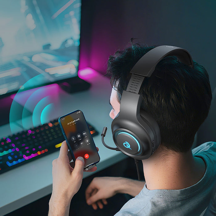 QCY Heroad V200 Tri-Mode Gaming Headphones with 7.1 Sound, 240h Battery, and Detachable Microphone - Black