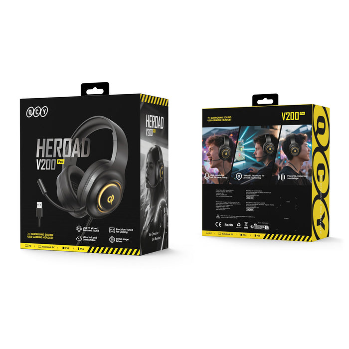 QCY V200 Pro Wired Gaming Headphones with 7.1 Sound and Detachable Microphone - Black