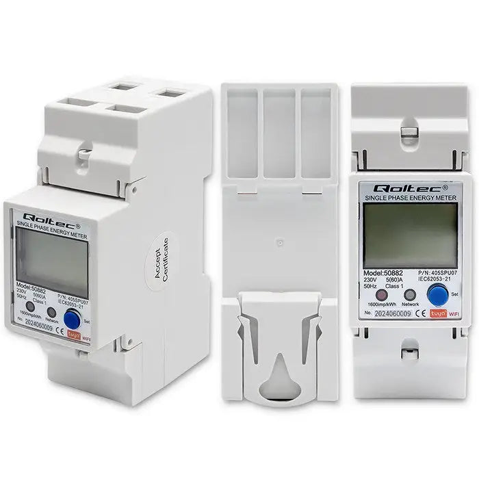 Qoltec 50882 Single phase electronic energy consumption meter for DIN rail | Wi-Fi | TUYA | 230V | LCD - Energy