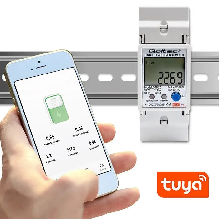 Qoltec 50882 Single phase electronic energy consumption meter for DIN rail | Wi-Fi | TUYA | 230V | LCD - Energy