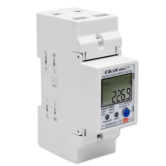 Qoltec 50882 Single phase electronic energy consumption meter for DIN rail | Wi-Fi | TUYA | 230V | LCD - Energy