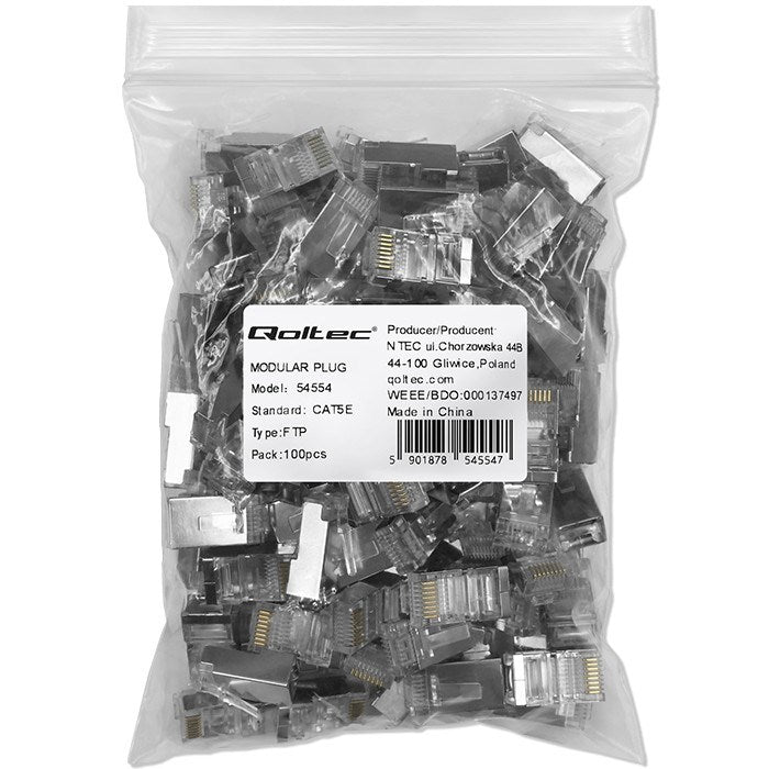 Qoltec 54554 RJ45 modular connector | CAT5e | FTP |Gold-plated contacts | 100 pieces