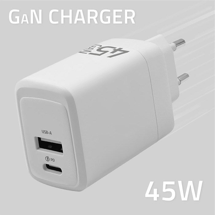 Qoltec 51825 GaN 45W charger| 5-20V | 1.5-3A | 1 x USB-C PD | 1x USB QC 3.0 | White