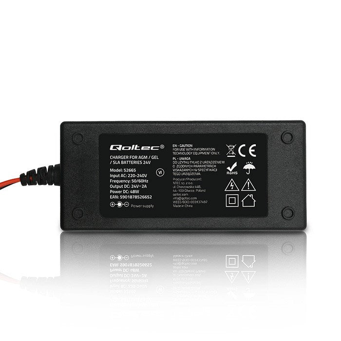 Qoltec 52665 Automatic charger for AGM GEL STD batteries | 24V charger | 2A | 48W | LED | 1.8m cable
