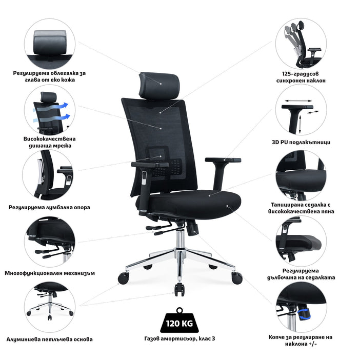RFG Ergonomic chair Luxe HB Chrome, black seat, black back