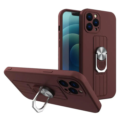 Ring Case silicone case with finger grip and stand for iPhone 12 Pro brown - Cell phone cases and covers<<<HurtelXML