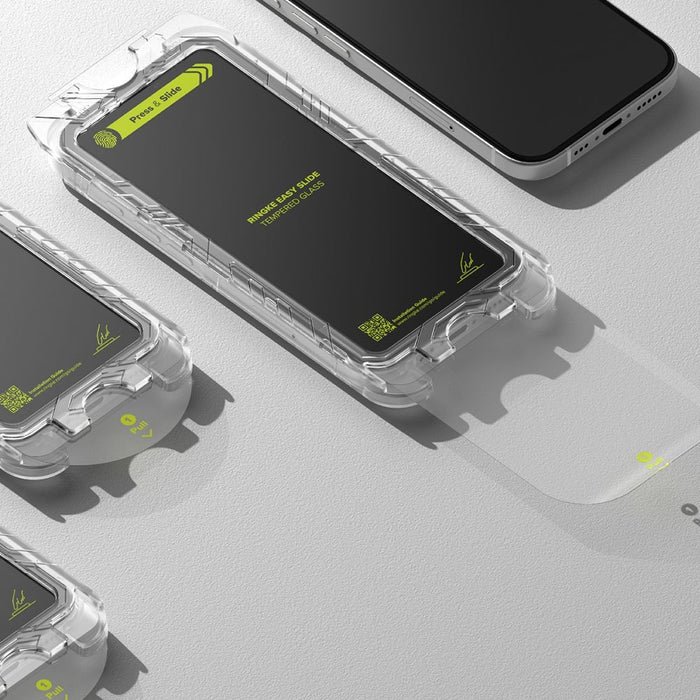Ringke Easy Slide 2-pack tempered glass with black frame for iPhone 15 / 16