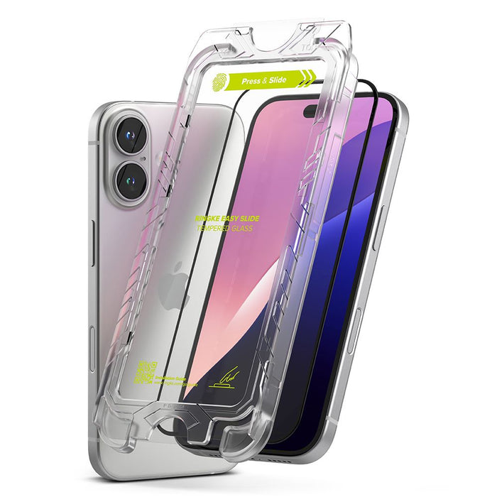 Ringke Easy Slide 2-pack tempered glass with black frame for iPhone 15 / 16