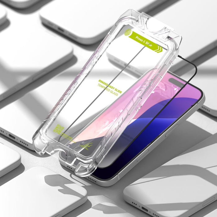 Ringke Easy Slide 2-pack tempered glass with black frame for iPhone 15 / 16