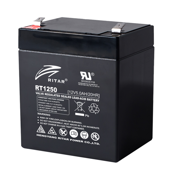 RITAR Lead Acid Battery, (RT1250) AGM, 12V, 5Ah, 90/ 70/ 10 1mm, Terminal 1