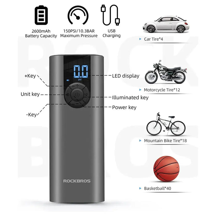 Rockbros 42720001001 Electric Bike Pump with LED Display + USB-C - USB-A Cable - Black - Sport products<<<HurtelXML