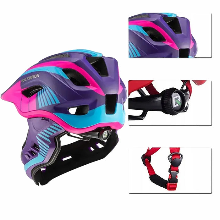 Rockbros TT-32SBPP-S children's bicycle helmet with detachable chinbar, size S - purple-pink
