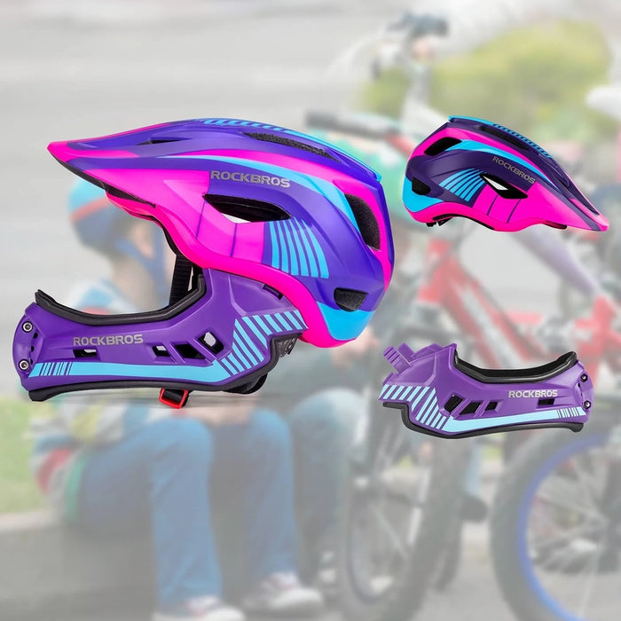 Rockbros TT-32SBPP-M children's bicycle helmet with removable chinbar, size M - purple-pink