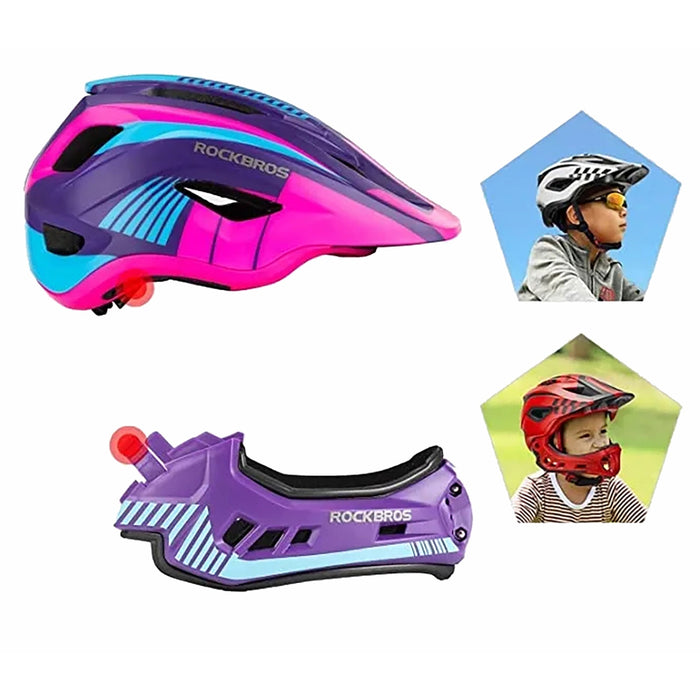Rockbros TT-32SBPP-M children's bicycle helmet with removable chinbar, size M - purple-pink